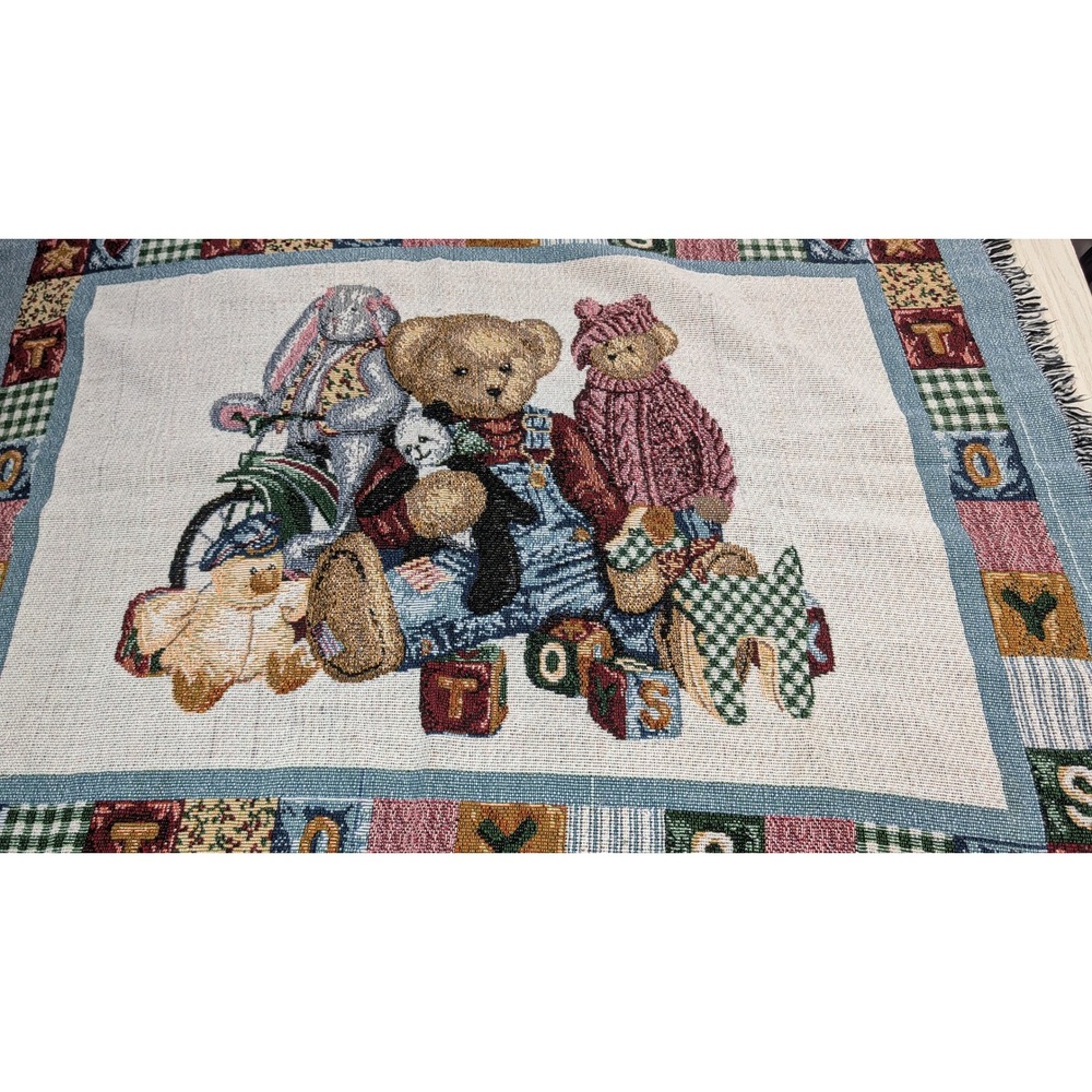 Blue Jean Teddy Woven Tapestry Throw Baby Blanket Teddy Bear Nursery Blocks